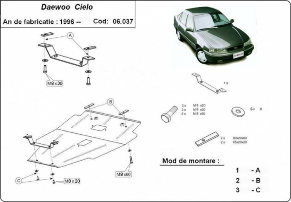 Acél motor, sebességváltó, hűtő, első lökhárító védőlemez Daewoo Cielo