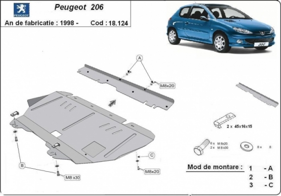 Acél motor, kapcsolószekrény, hűtő védőlemez Peugeot 206