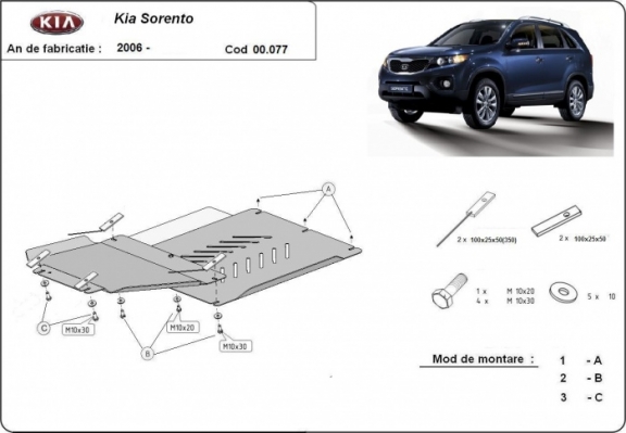 Acél kapcsolószekrény, differenciálmű védőlemez Kia Sorento