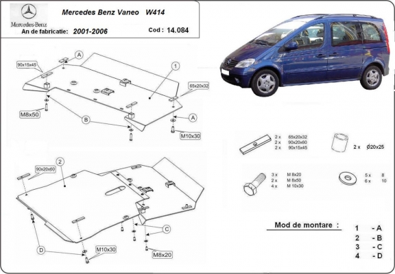 Acél motor, sebességváltó, hűtő, első lökhárító védőlemez Mercedes Vaneo W414