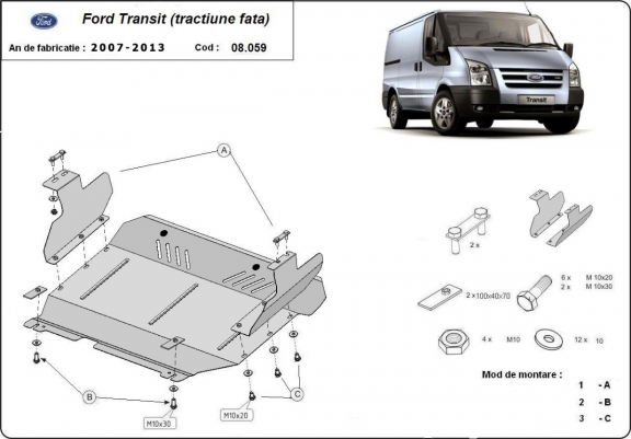 Acél motor, kapcsolószekrény védőlemez Ford Transit - FWD