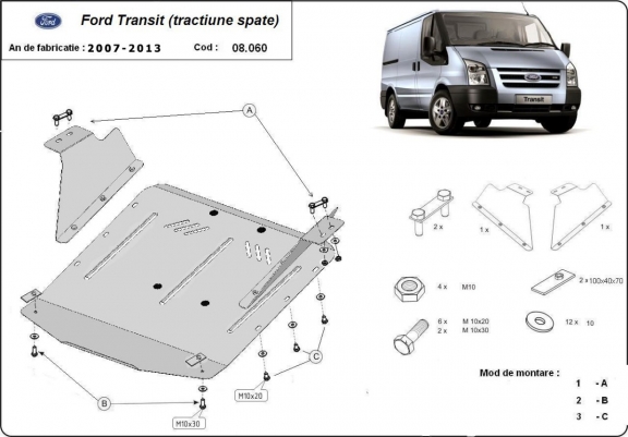 Acél motor, sebességváltó, hűtő, első lökhárító védőlemez Ford Transit - RWD