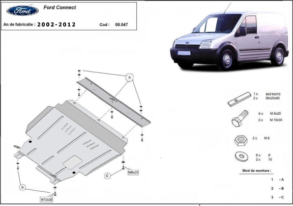 Acél motor, kapcsolószekrény, hűtő védőlemez Ford Transit Connect
