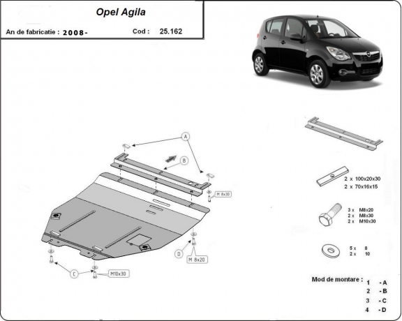 Acél motor, kapcsolószekrény védőlemez Opel Agila (H08)