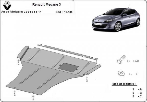 Acél motor, kapcsolószekrény védőlemez Renault Megane 3