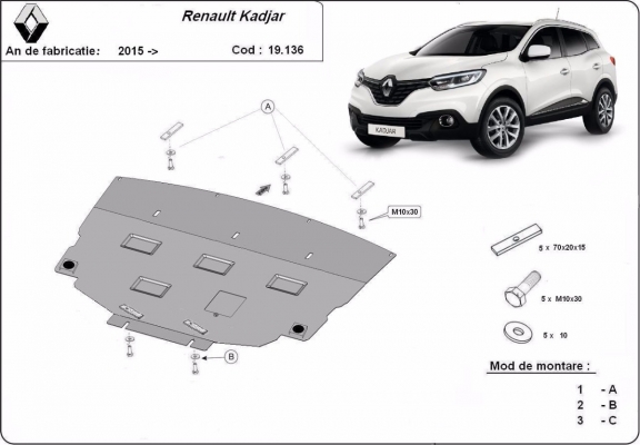 Acél motor, kapcsolószekrény, hűtő védőlemez Renault Kadjar