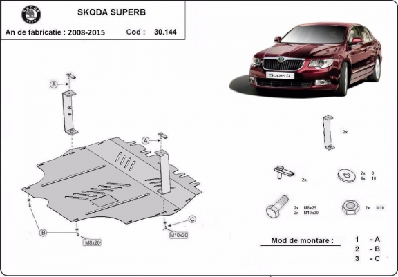 Acél motor, sebességváltó, hűtő, első lökhárító védőlemez Skoda Superb