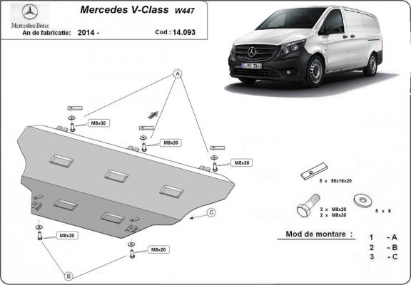 Acél motor, kapcsolószekrény, hűtő védőlemez Mercedes V-Classe W447 4x2, 1.6 D