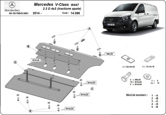 Acél motor, sebességváltó, hűtő, első lökhárító védőlemez Mercedes V-Class W447 2.2 D, 4x2