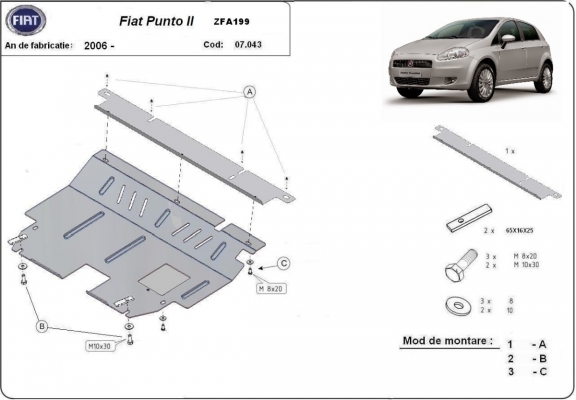 Acél motor, kapcsolószekrény, hűtő védőlemez Fiat Punto