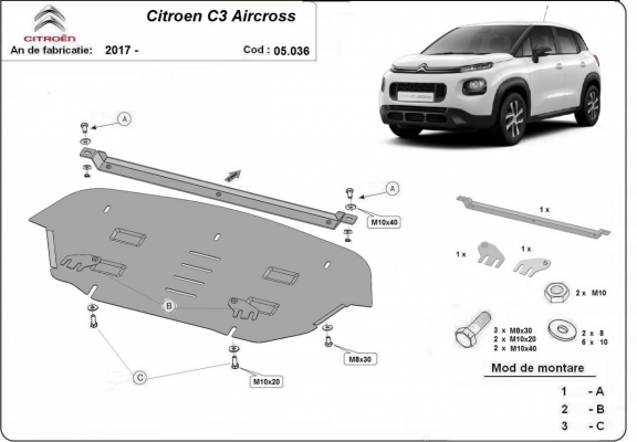 Acél motor, sebességváltó, hűtő, első lökhárító védőlemez Citroen C3 Aircross