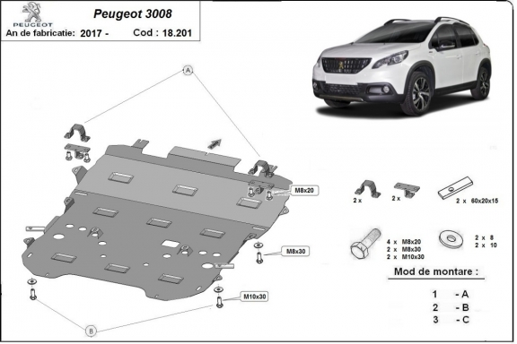 Acél motor, sebességváltó, hűtő, első lökhárító védőlemez Peugeot 3008