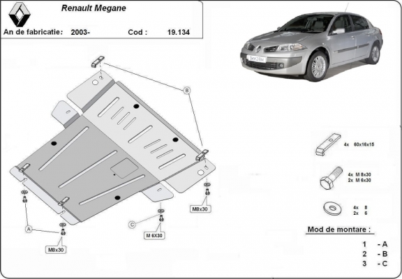 Acél motor, kapcsolószekrény, hűtő védőlemez Renault Megane 2
