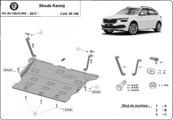 Acél motor, sebességváltó, hűtő, első lökhárító védőlemez Skoda Kamiq