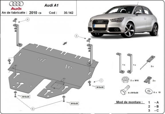 Acél motor, sebességváltó, hűtő, első lökhárító védőlemez Audi A1