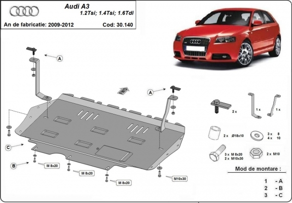 Acél motor, kapcsolószekrény, hűtő védőlemez Audi A3