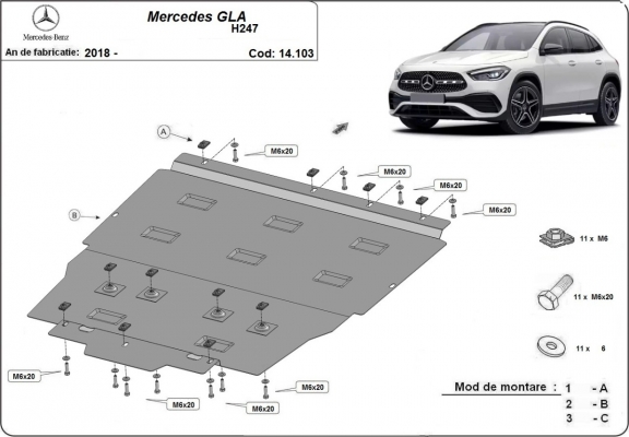 Acél motor, kapcsolószekrény, hűtő védőlemez Mercedes GLA H247