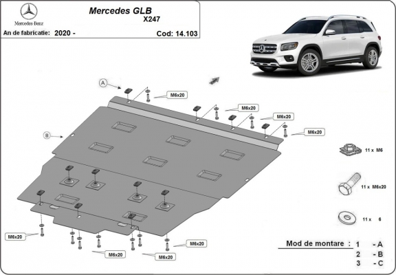 Acél motor, kapcsolószekrény, hűtő védőlemez Mercedes GLB X247
