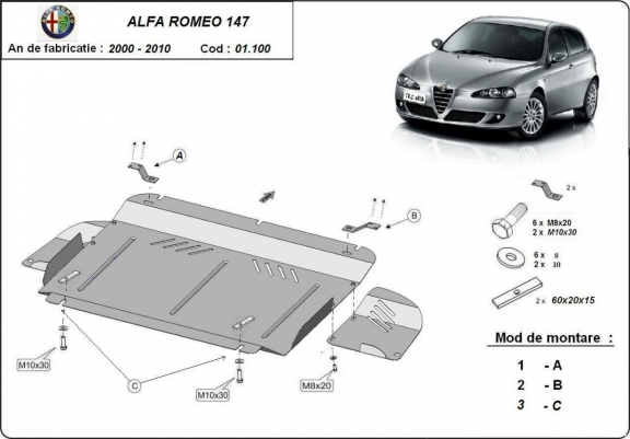 Acél motor, kapcsolószekrény védőlemez Alfa Romeo 147