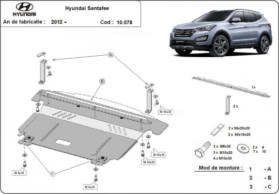 Acél motor, kapcsolószekrény, hűtő védőlemez Hyundai Santa Fe