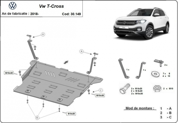 Acél motor, sebességváltó, hűtő, első lökhárító védőlemez VW T-Cross