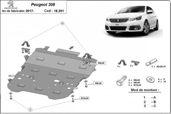 Acél motor, sebességváltó, hűtő, első lökhárító védőlemez Peugeot 308