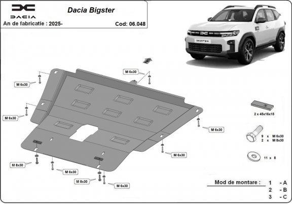 Acél motor, kapcsolószekrény védőlemez Dacia Bigster - 4x4 + 4x2