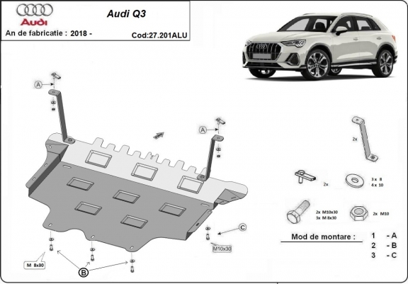 Alumínium motor-, sebességváltó-, hűtő- és első lökhárító védőlemez Audi Q3