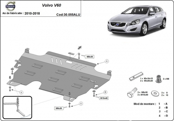 Alumínium motor-, kapcsolószekrény-, hűtő védőlemez Volvo V60