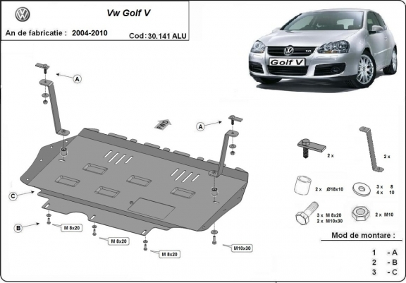 Alumínium motor, kapcsolószekrény, hűtő védőlemez Vw Golf mk5