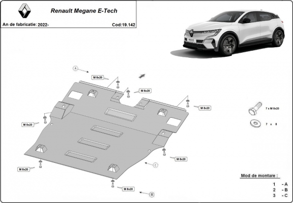 Acél motor, kapcsolószekrény védőlemez Renault Megane E-Tech