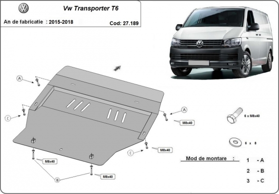 Acél motor, sebességváltó, hűtő, első lökhárító védőlemez Volkswagen Transporter T6