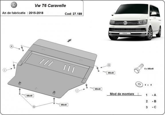 Acél motor, sebességváltó, hűtő, első lökhárító védőlemez Volkswagen Transporter T6 - Caravelle