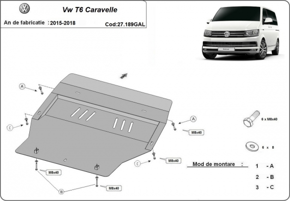 Galvanizált acél motor, sebbeségváltó, hütő, első lökhárító védőlemez Volkswagen Transporter T6 Caravelle