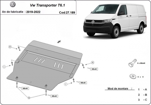 Acél motor, sebességváltó, hűtő, első lökhárító védőlemez Volkswagen Transporter T6.1