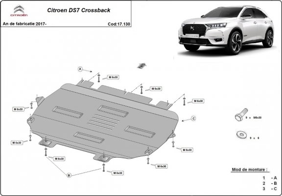 Acél motor, kapcsolószekrény, hütő védőlemez Citroen DS 7 Crossback