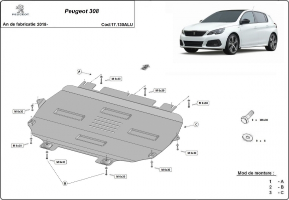 Aluminium motor, kapcsolószekrény védőlemez Peugeot 308