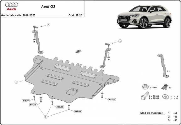 Acél motor, sebességváltó, hűtő, első lökhárító védőlemez Audi Q3