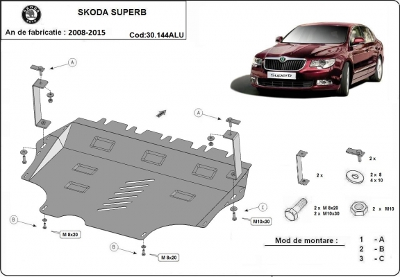 Alumínium motor-, sebességváltó-, hűtő-, első lökhárító védőlemez Skoda Superb II