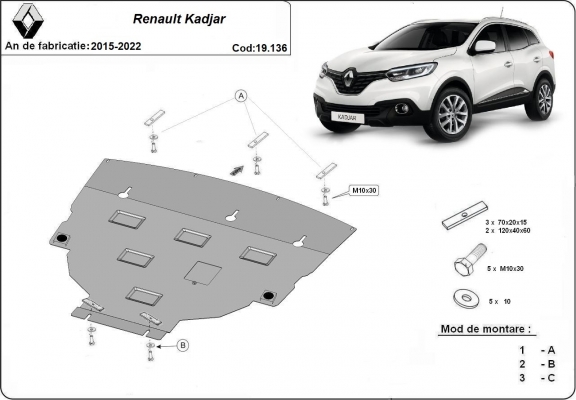 Acél motor, kapcsolószekrény, hűtő védőlemez Renault Kadjar