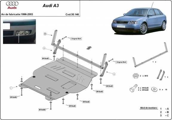 Acél motor, sebességváltó, hűtő, első lökhárító védőlemez Audi A3