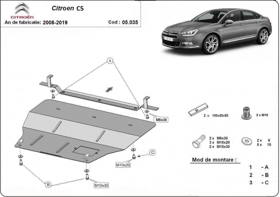 Acél motor, kapcsolószekrény védőlemez citroen C5