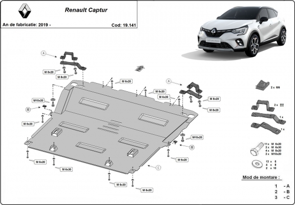 Acél motor, kapcsolószekrény, hűtő védőlemez Renault Captur