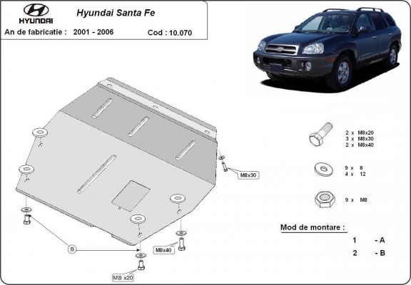 Acél motor, kapcsolószekrény, hűtő védőlemez Hyundai Santa Fe