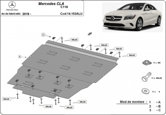 Aluminum motor, kapcsolószekrény védőlemez Mercedes CLA