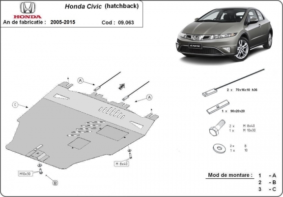 Acél motor, kapcsolószekrény, hűtő védőlemez Honda Civic (hayon)