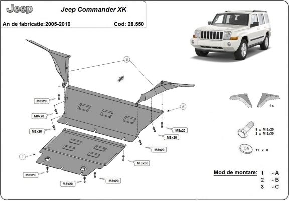 Acél motor, hűtő védőlemez Jeep Commander