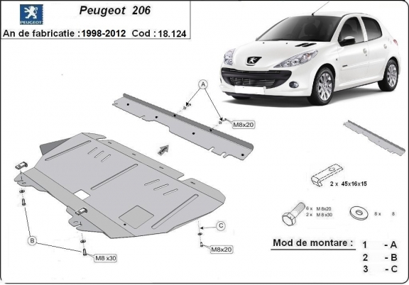 Acél motor, kapcsolószekrény, hűtő védőlemez Peugeot 206