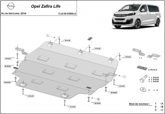 Aluminium motor, kapcsolószekrény védőlemez Opel Zafira Life