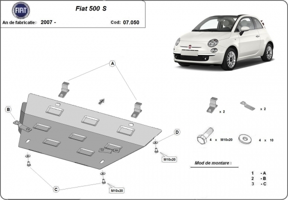 Acél motor, kapcsolószekrény, hűtő védőlemez Fiat 500 S